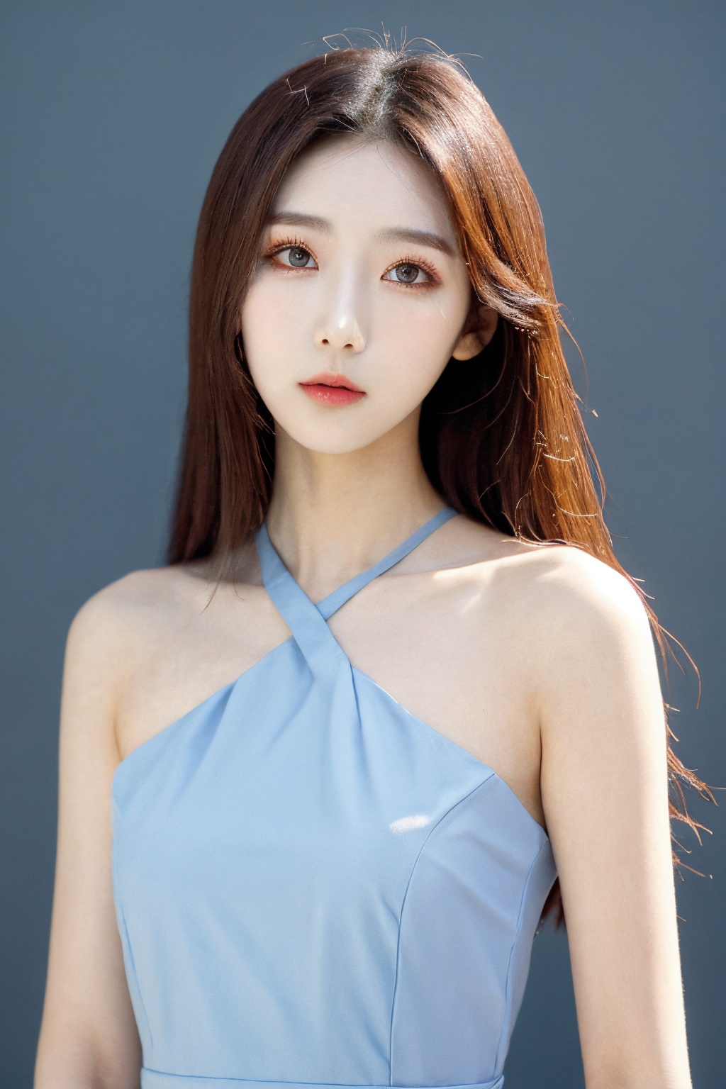 girl, upper body, looking at viewer, dress, simple background, <lora:AgainChangeFaceLora:0.5>