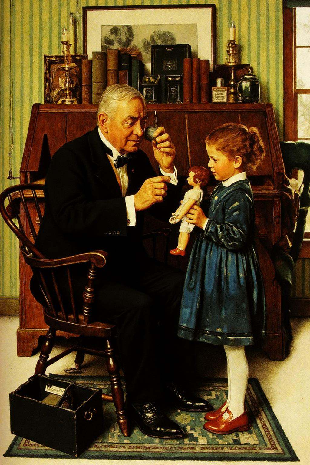 normanrockwell1 painting.A scene in a doctor's office in the 1940s.On the left is an elderly doctor,  dressed in a black s...