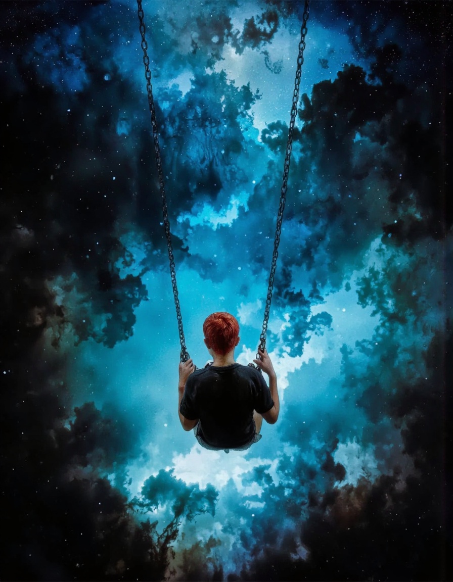 Art by Mario Nevado. This is a high-quality,  atmospheric photograph of a person swinging on a chain swing in a dark,  moo...