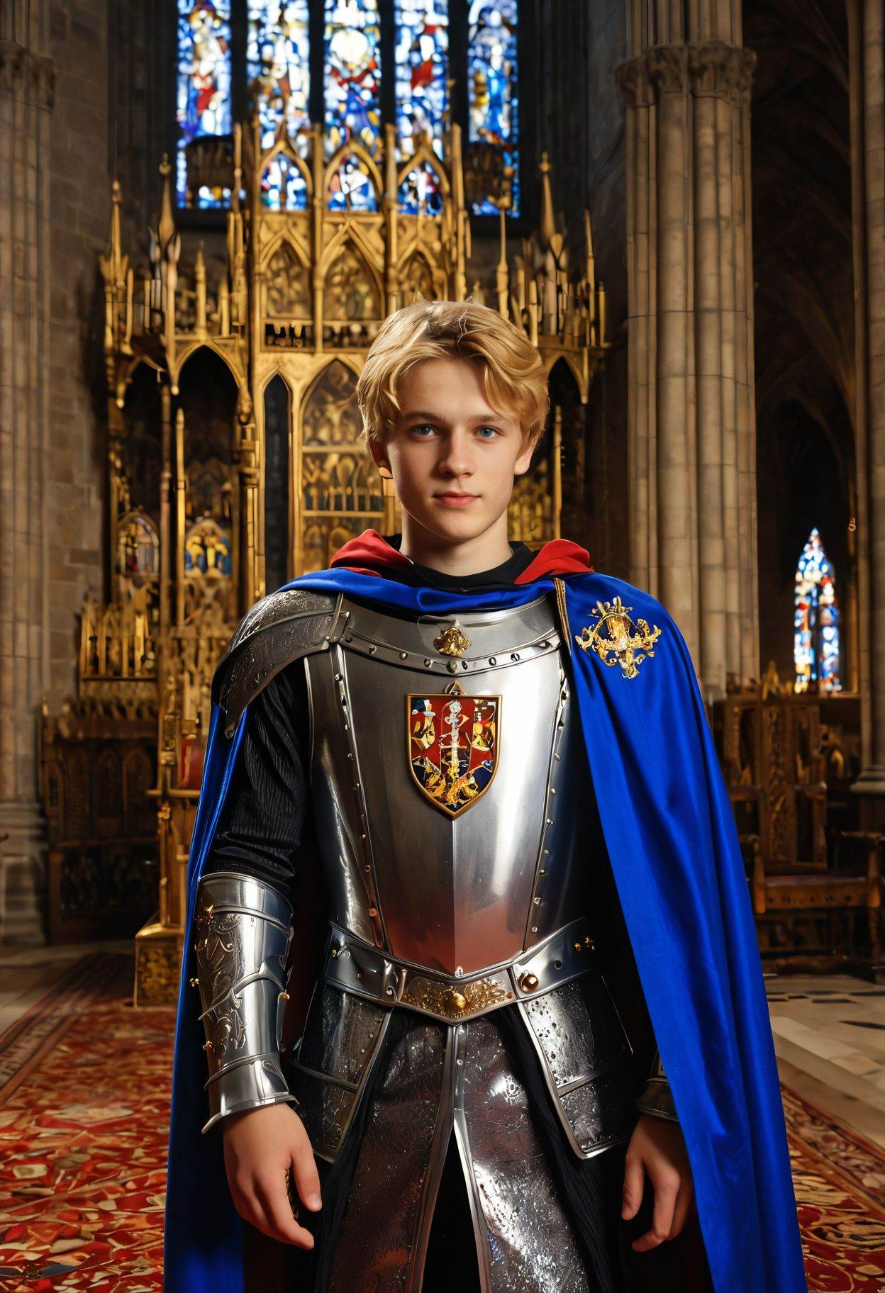 realistic,  85mm lens style,  young prince dressed in shining armor with royal blue cape on Tensor.Art