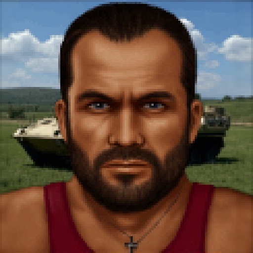 JA2 style portrait of a man's face and upper torso. The man has a rugged,  ruggedly handsome appearance with a prominent j...