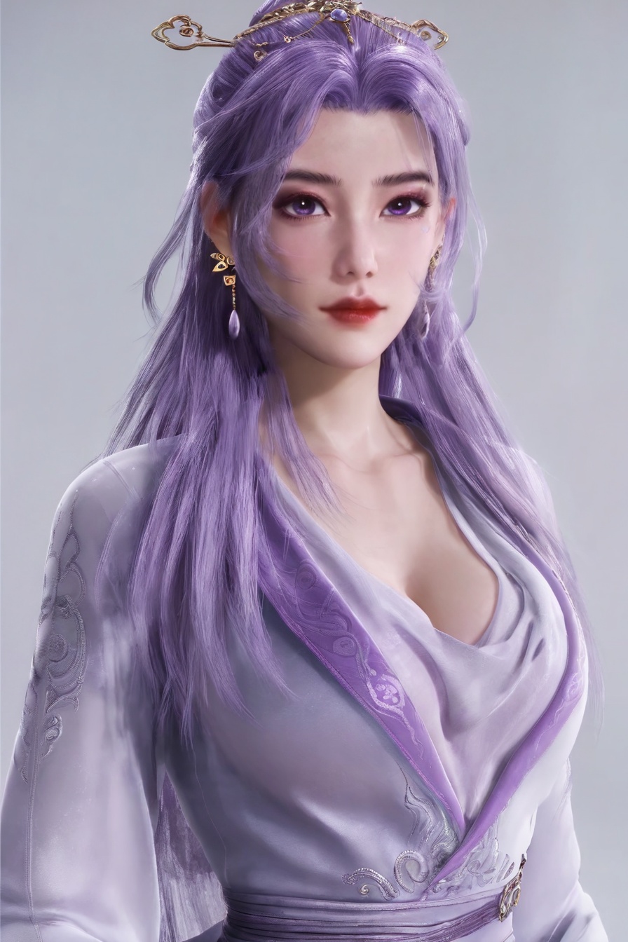 score_9,score_8_up,score_7_up,incredibly absurdres,<lora:SF_YunXiao_Pony-000005:0.8>,1girl,solo,standing,dress,purple hair,breasts,large breasts,red lips,jewelry,hair ornament,earring,looking at viewer,white background,