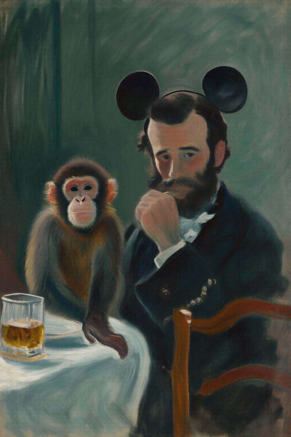 claudemonet2q painting.A small monkey and a man wearing Mickey Mouse ears,  sitting at a table drinking tea on Tensor.Art
