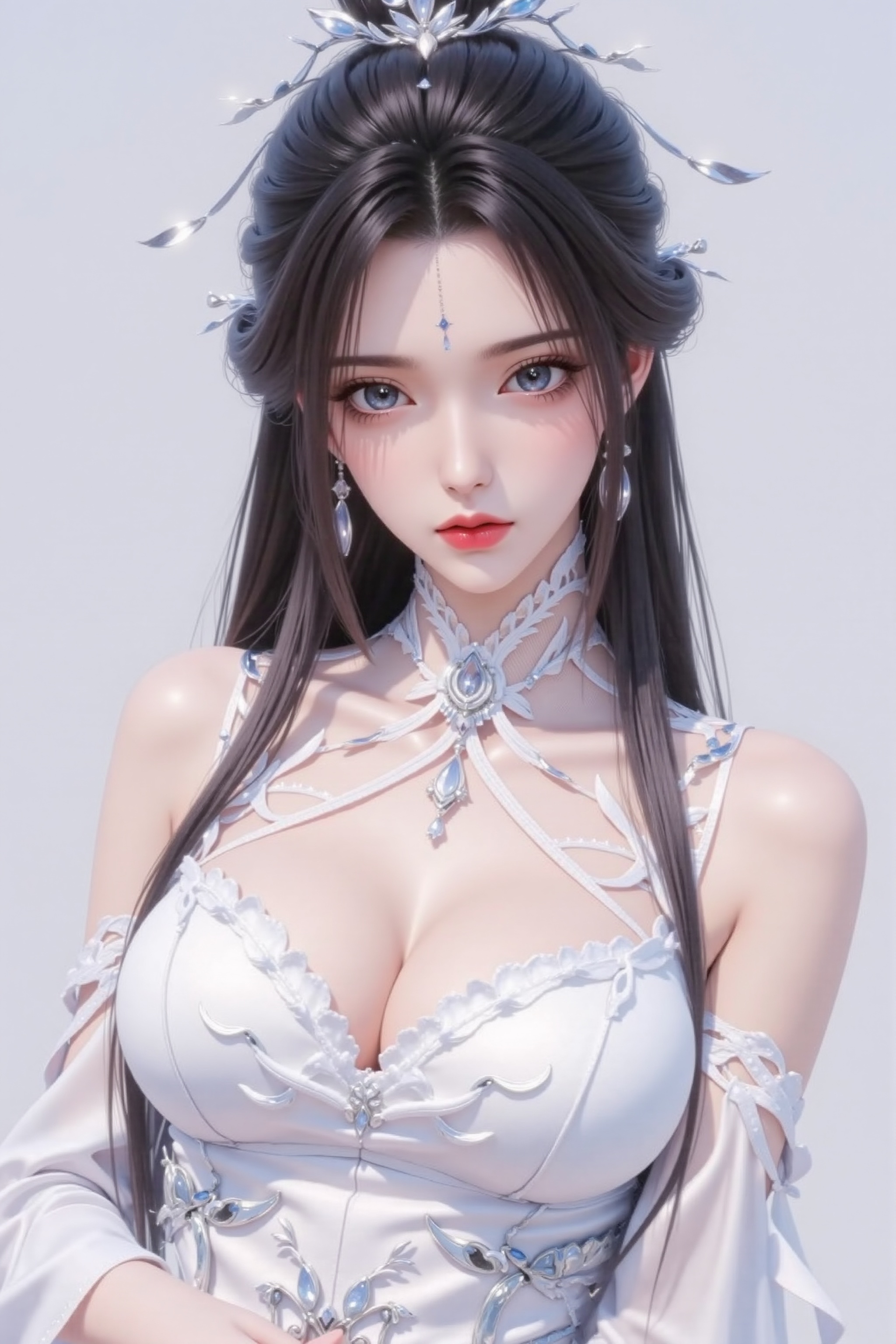 1girl,breasts,hair ornament,long hair,blue eyes,solo,dress,jewelry,earrings,white dress,clothing cutout,upper body,forehead mark,hair bun,large breasts,cleavage,looking at viewer,facial mark,cleavage cutout,black hair,single hair bun,parted lips,brown hair,