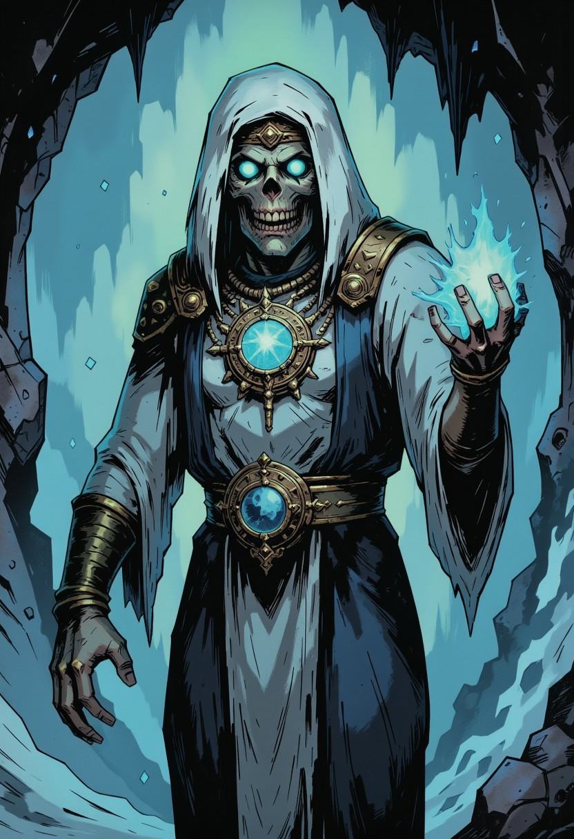 inked comic illustration in TTCSV1.0 artstyle that features A spectral and eerie figure dominates the image,  shrouded in...