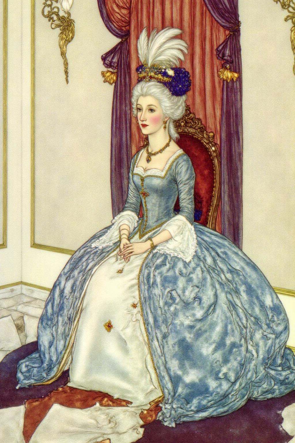 dulac1 illustration. A woman dressed in an elaborate,  voluminous,  blue and white gown with a high waistline on Tensor.Art