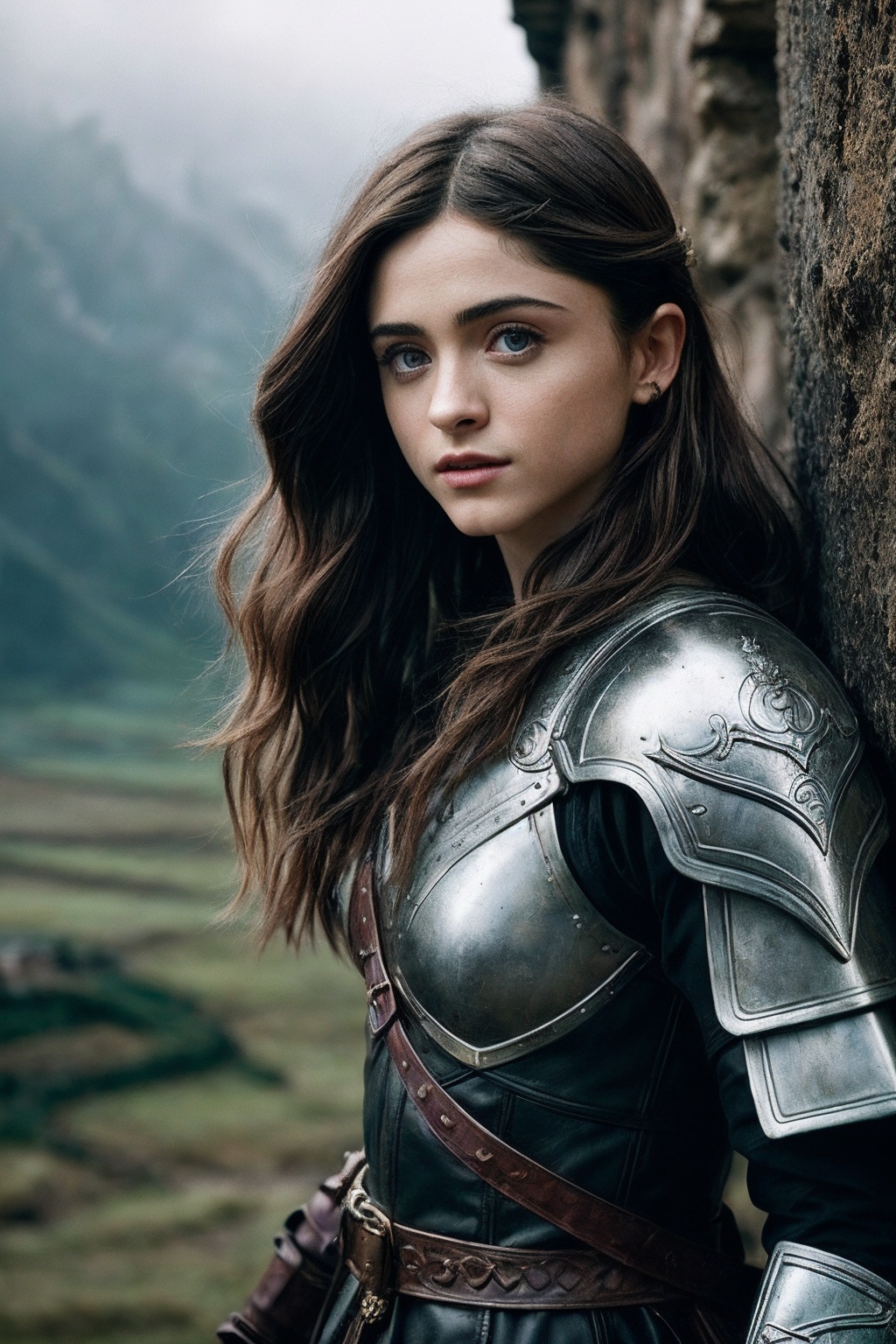 NataliaD_SoloTI_v1,  (In a rugged,  fantasy outfit with leather armor and practical on Tensor.Art