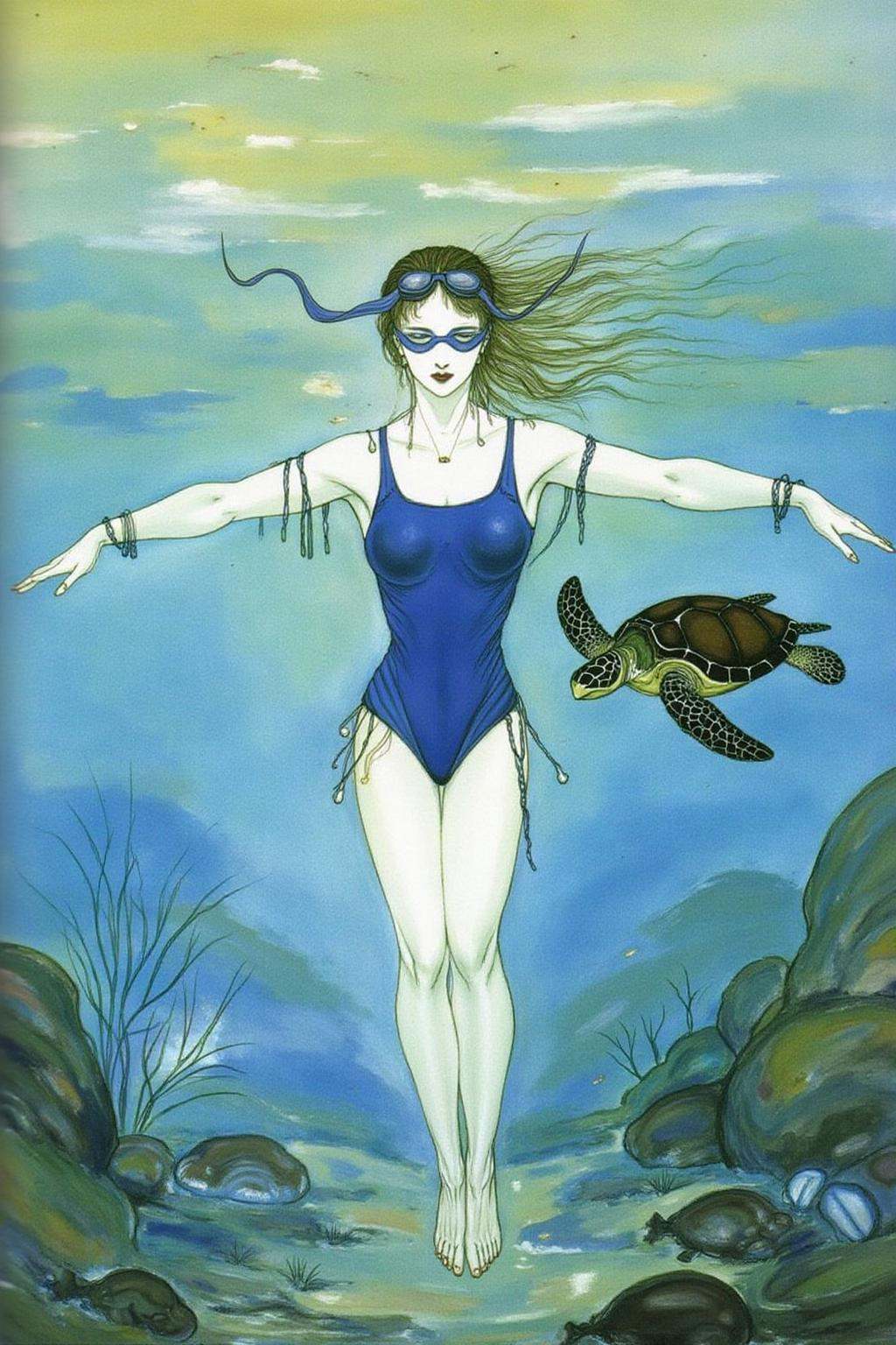 amayo illustration.a woman swimming underwater. The woman is wearing a blue one piece swimsuit,  and she is wearing goggle...