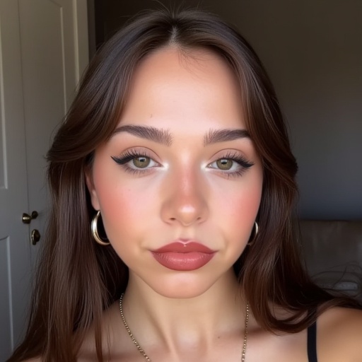 with a matte lipstick applied.,  and full lips with a natural,  with a fair complexion and a symmetrical face. She has lon...