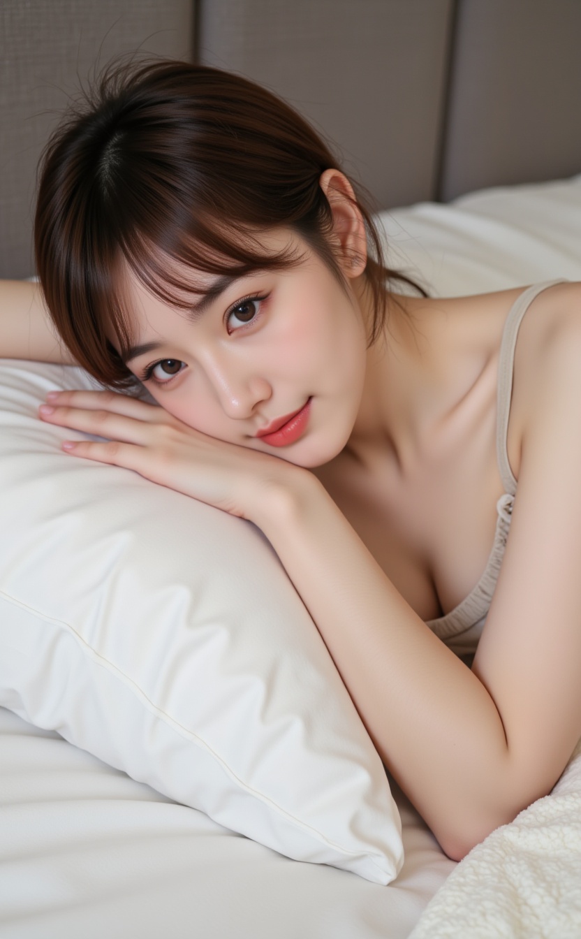 A young woman with fair skin and long,  straight brown hair is lying on a bed with white sheets and a white pillow. She ha...