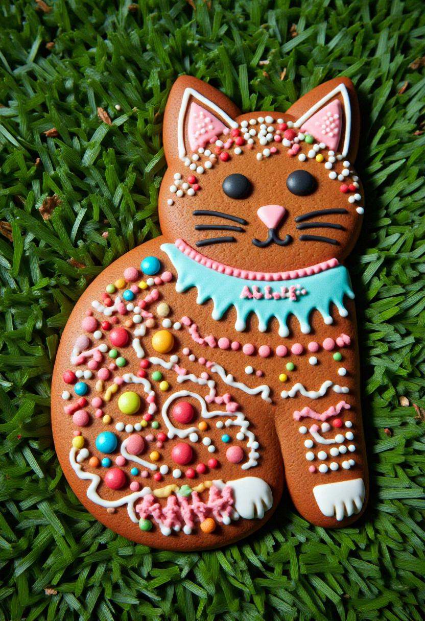 This is a photograph of a intricately decorated gingerbread cat named Allie with a mottled coat ,  placed flat on a green...