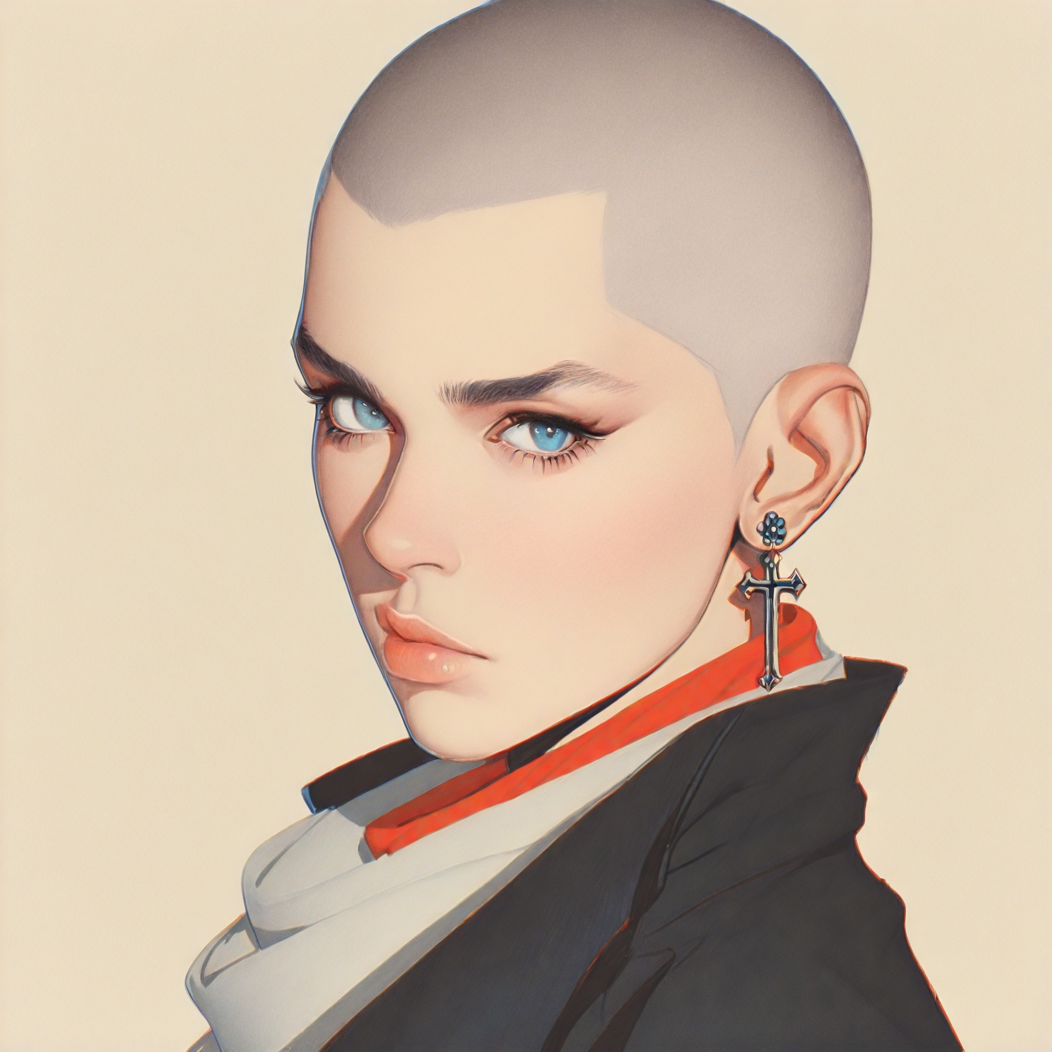 ArsMJStyle,  Colored pencil hyperdetailed realism,  The image is a portrait of a young woman with a shaved head. She is we...