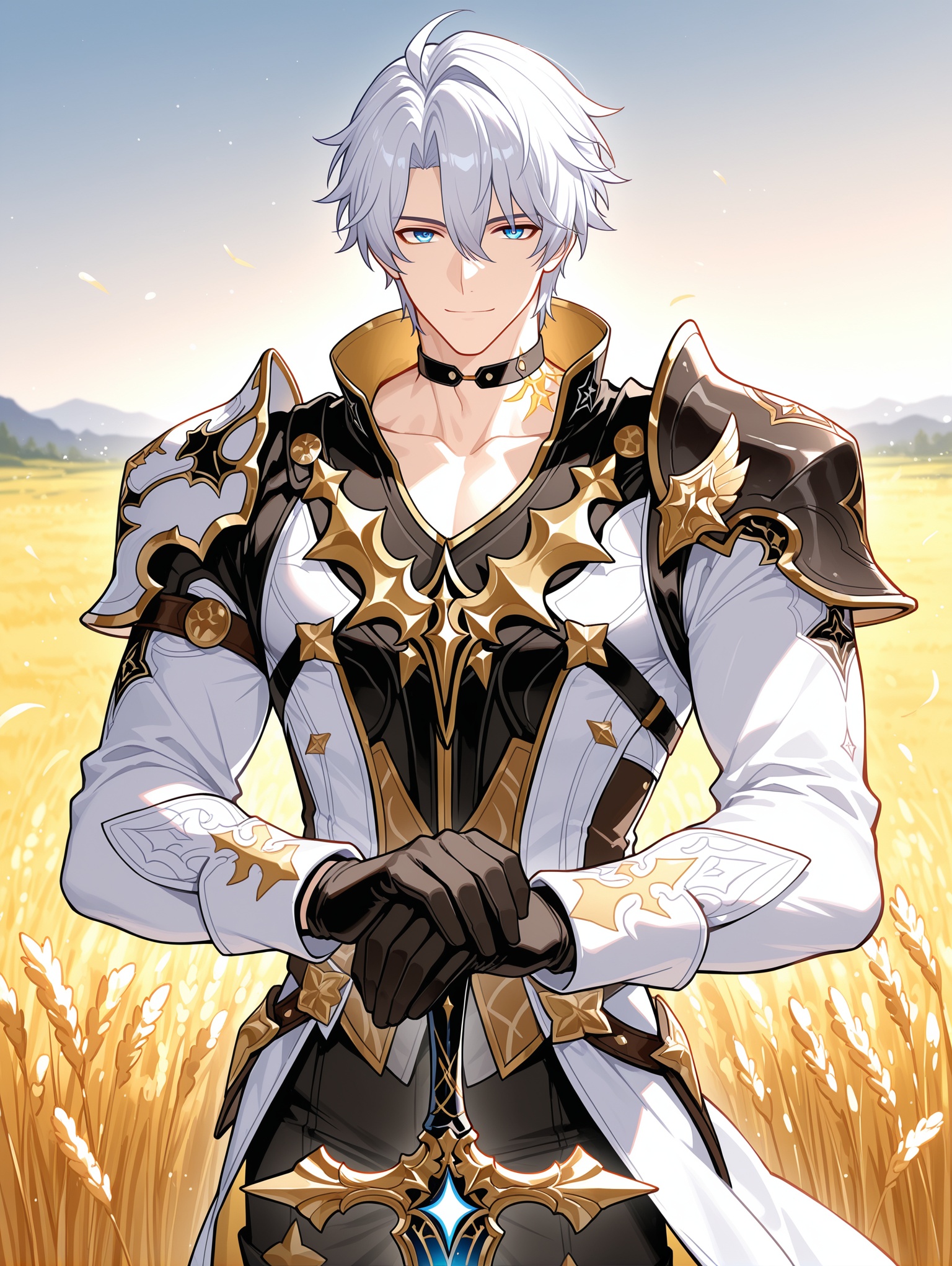 cowboy shot, 1boy, solo, muscular male, very short hair, manly, phainon \(honkai: star rail\), white hair, blue eyes, neck tattoo, shoulder armor, black gloves, black choker, hands on hilt, standing, male focus, looking at viewer, closed mouth, light smile, meadow, outdoors, wheat field,,masterpiece,best quality,