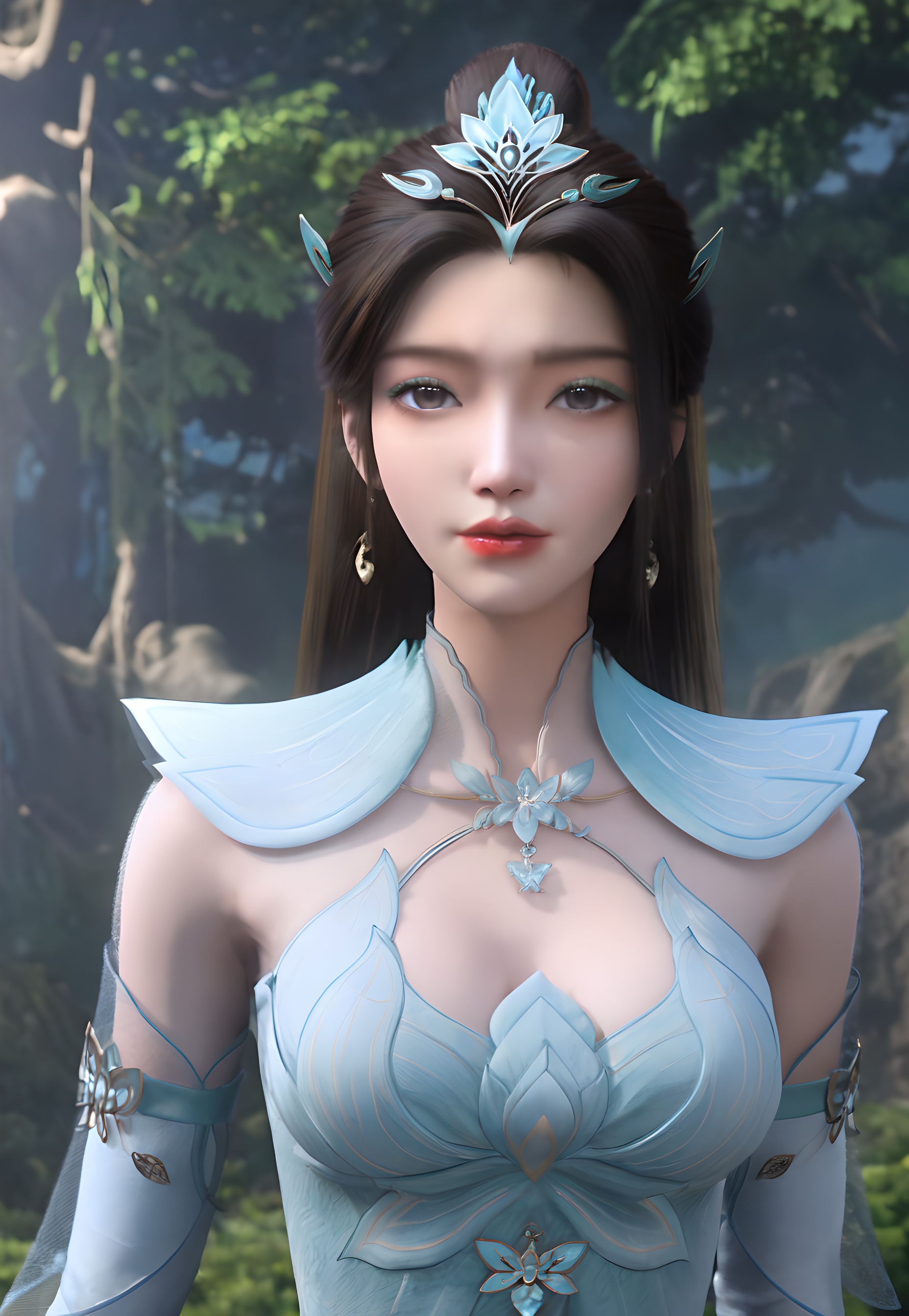 score_9,score_8_up,score_7_up,<lora:SF_YanRuYu_Pony-000003:0.7>,1girl,solo,standing,dress,breasts,large breasts,red lips,jewelry,hair ornament,earring,looking at viewer,white background,
