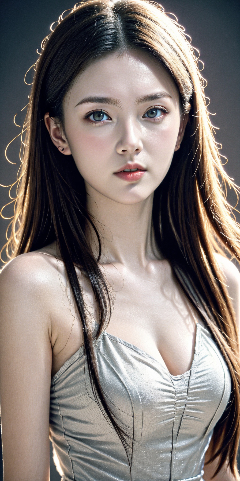 girl,brown eyes,black long hair,realistic skin,skin pores,beautiful,pretty,portrait,dramatic lighting,realistic,closed mouth,halter neck see-through dress,