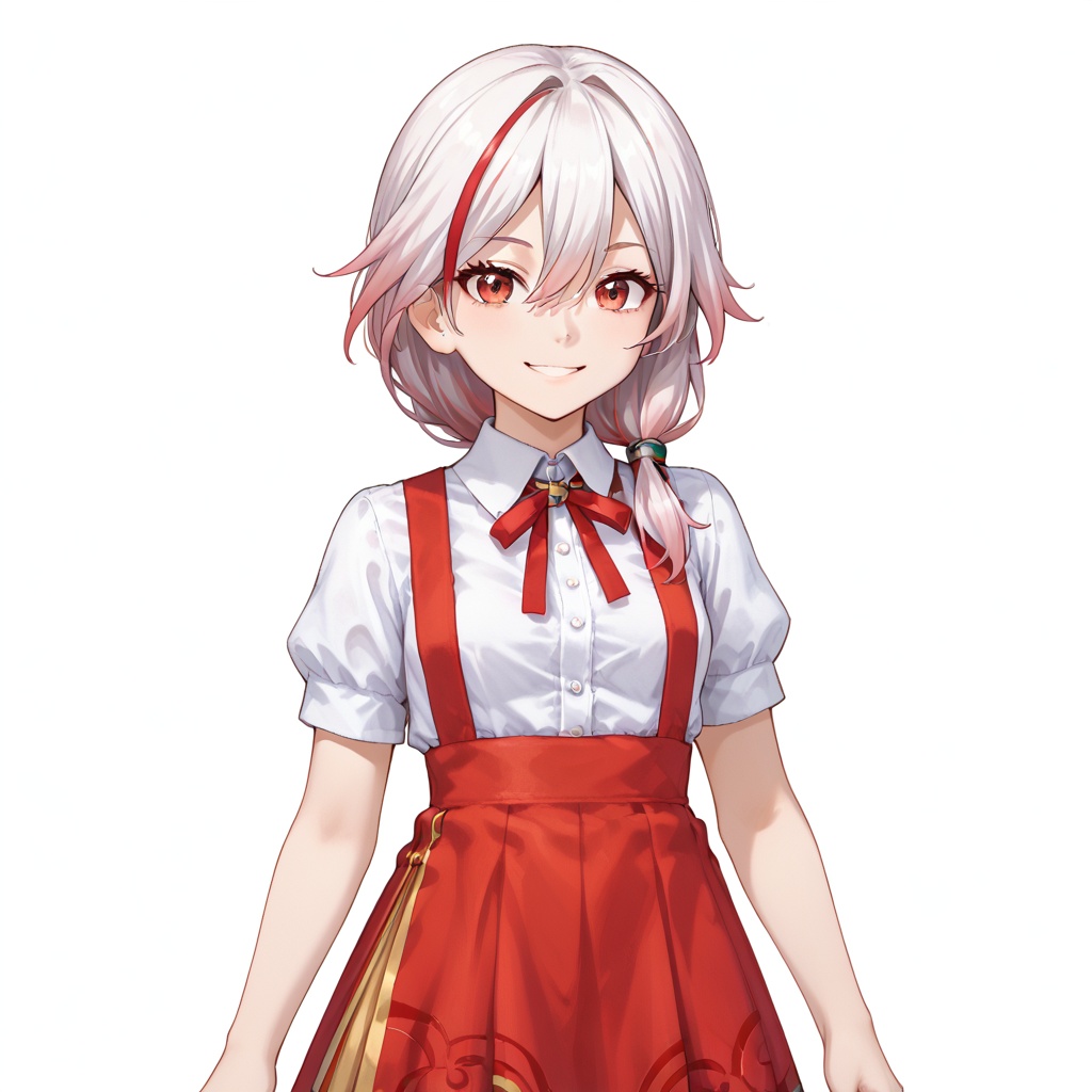 (white background:1.2),looking at viewer,(SOLO:1.4),outline,simple background,upper body, cowboy shot,looking at viewer,(((arms at side))),  long hair,bangs,hair ornament,red eyes,hair between eyes,white hair,multicolored hair,streaked hair,smile,small breasts,red hair,pink hair,low-tied long hair,fu_hua,fu_hua_cgver,loli,young girl,7 y.o.,short sleeves,suspenders,hairclip,red skirt,red ribbon,thighhighs,suspender skirt,chibi,ribbon,kneehighs,puffy short sleeves,white shirt,collared shirt,<lora:tjjn-pony:0.8>