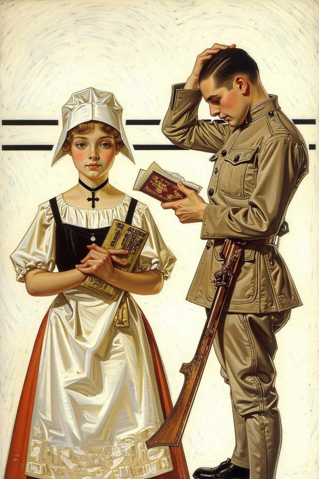 jcleyen1 painting.It depicts a scene featuring a young woman and a young soldier in World War I-era military attire. The w...
