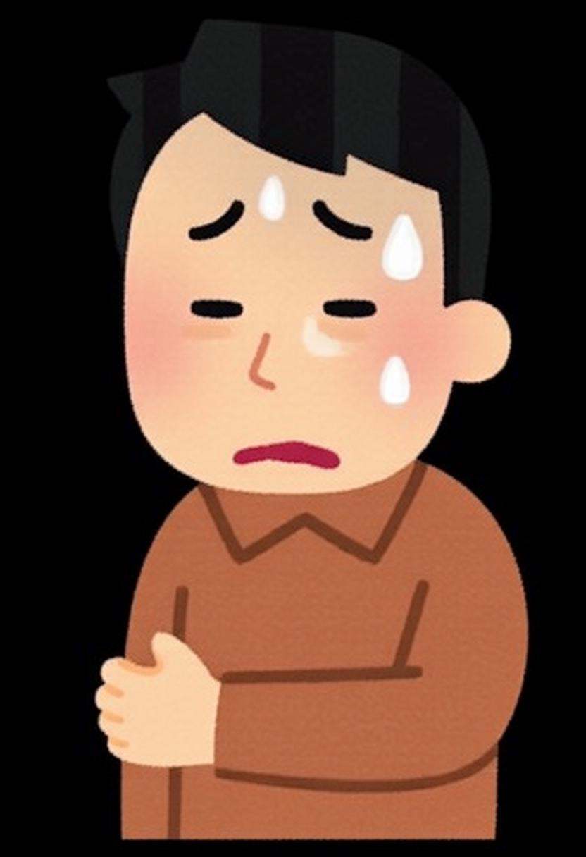 irasutoya3q illustration. A man with short black hair and a brown shirt,  appearing to be in pain. A sweat drop is on his...