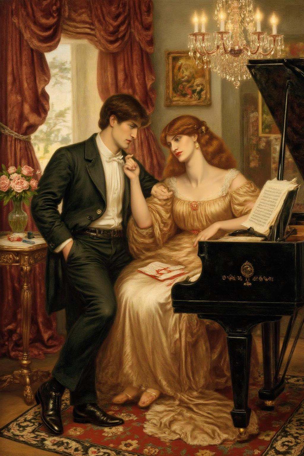 dgr painting.A romantic and elegant scene of a couple flirting beside a grand piano in a luxurious,  softly lit room. The...