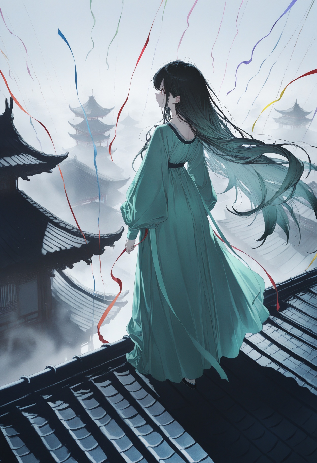 masterpiece,best quality,amazing quality,very aesthetic,absurdres,newest,impactful picture,offcial art,movie perspective,(yoneyama mai:0.5),(WANKE:0.5),(noyu (noyu23386566):0.5),cute painting style,dark, Chinese architecture,10,000 pieces,roof,girl wearing hanfu,long sleeves,long skirt,flowing hair,very long hair,white blue gradient hair,standing on the roof,crane in the sky,streamers,pale green dress,fog,Strong contrast of light and shadow,strong shadows,