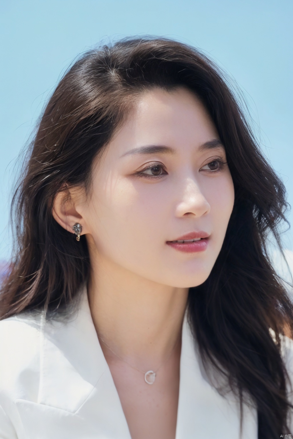 1girl, solo, looking at viewer, smile, brown hair, brown eyes, jewelry, closed mouth, upper body, earrings, lips, blue background, portrait, realistic, nose<lora:EMS-381769-EMS:0.800000>