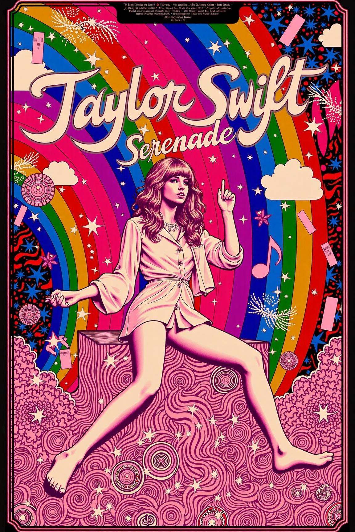 psypop,  70s psychedelic style poster of a "Taylor Swift Serenade" psychedelic 1970s pop art poster,  vibrant Taylor perfo...
