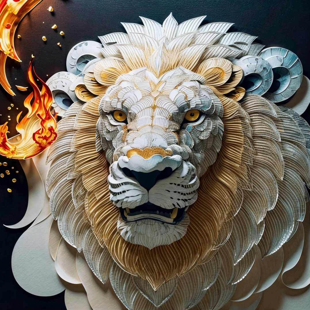 no humans,(lion:1.3),(fire:1.3),flame,fantasy,abstract,(portrait),Highly detailed,(ultra-detailed),(best quality,masterpiece:1.5),<lora:paper art:0.85>,paper art,<lora:细节调整:1>,
