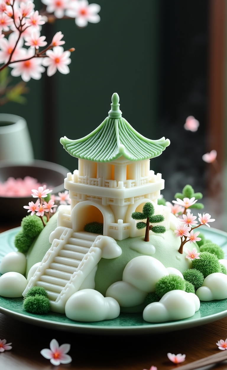 miluo_zsyd, Photograph of a detailed, white, multi-tiered pagoda cake adorned with green and white icing. Surrounding the pagoda are small, intricately designed trees and clouds made from white icing. The cake sits on a green ceramic plate. The background features a blurred, dark setting with hints of cherry blossoms, adding a serene, traditional Japanese aesthetic. The overall scene exudes a tranquil, festive atmosphere.<lora:米洛-中式盘中餐-flux-12.7:1>