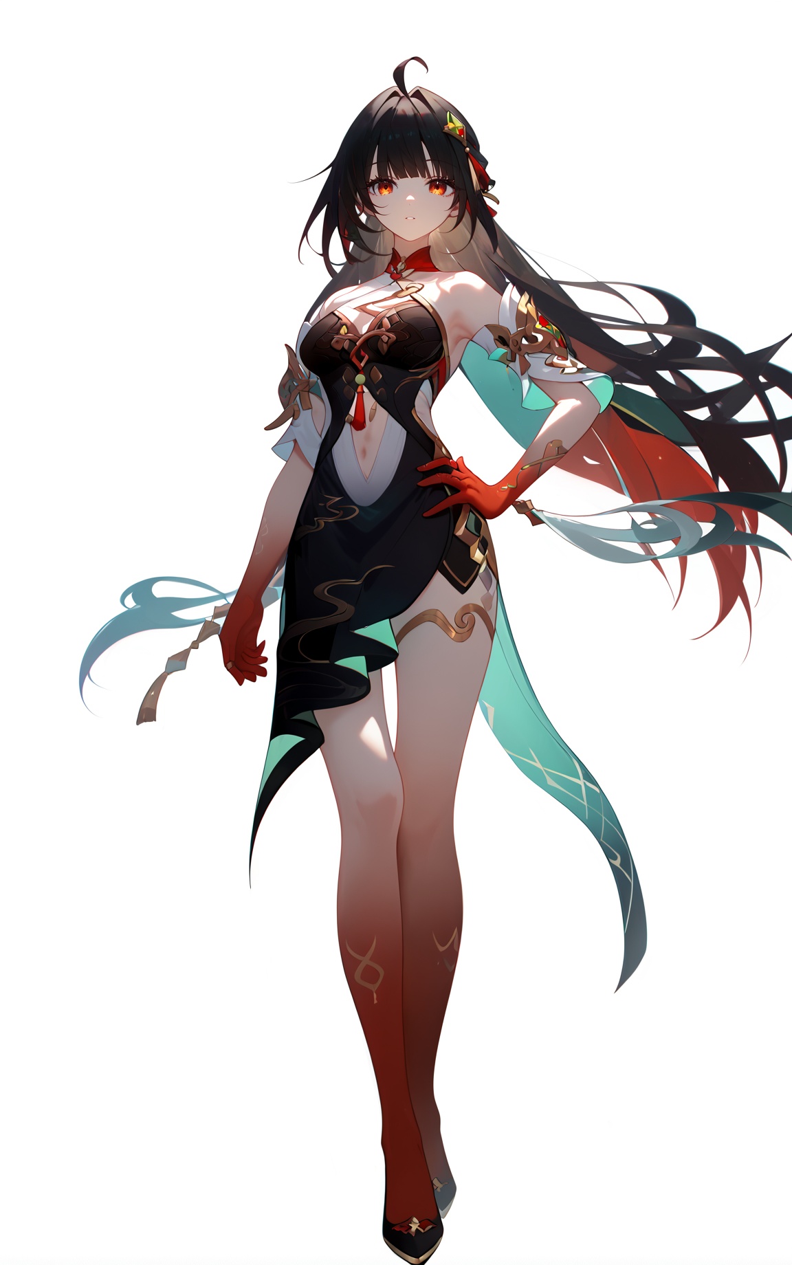 score_9, score_8_up, score_7_up, score_anime, 8k, best quality, masterpiece, (ultra-detailed), (high detailed skin), (by nanoless, by misumi \(macaroni\),:0.5), <lora:YLI 0.1v:0.5>, <lora:style1:0.5>, <lora:lingsha-pony-Tanger-000018:0.8>, lingsha, default clothes, red hands, red feet, 1girl, long hair, black hair, breasts, ahoge, high heels, A full-body portrait of a young girl, standing gracefully, pastel art style, high-key lighting, shoujo manga influence, hd quality, delicate details, full body, full shot, standing, looking at viewer, (solo:1.2), simple background, white background, hand on own hip, 