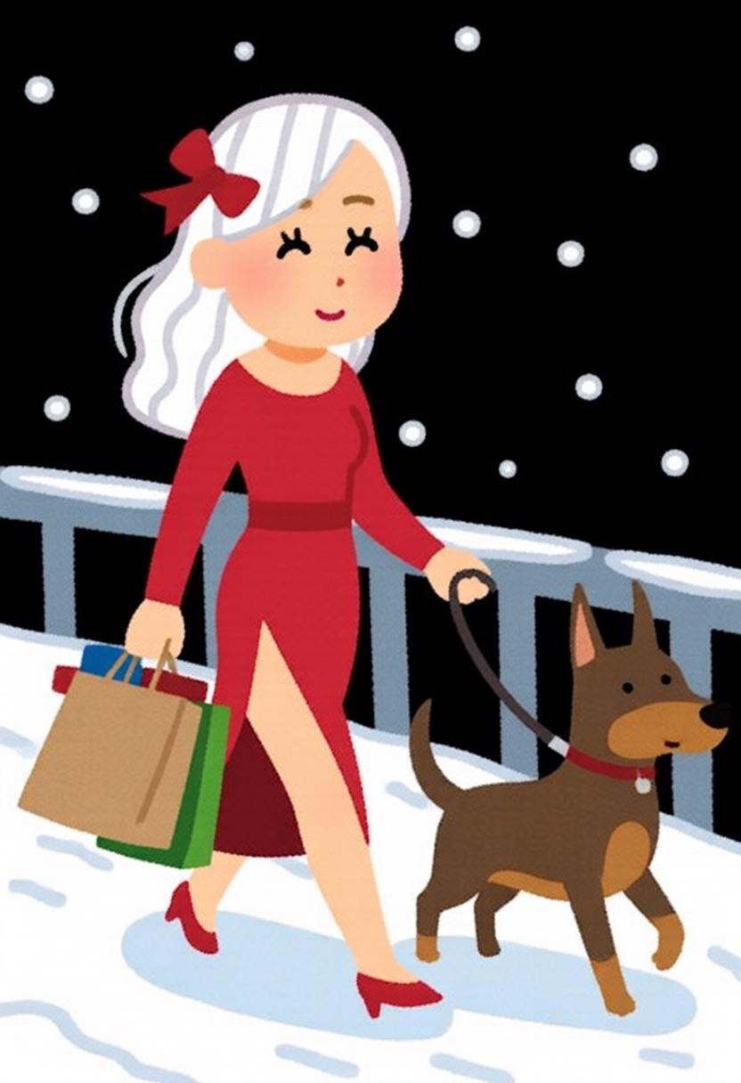 irasutoya3q illustration. A woman with long,  wavy white hair is wearing a red dress with a high slit and a red bow in her...