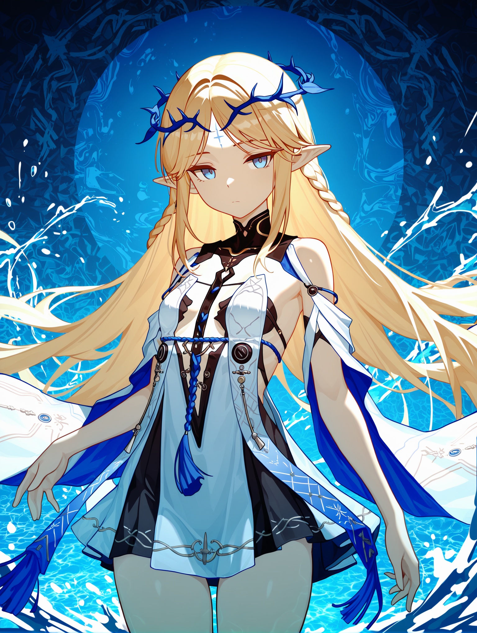 Cartethyia \(wuthering waves\), Cartethyia **** style clothes, small blue and white crown of thorns, Cartethyia white dress, black forehead mark, 1girl, blonde hair, pointy ears, long hair, blue eyes, braid, cowboy shot, abstract background, water, blue theme, ,masterpiece,best quality,