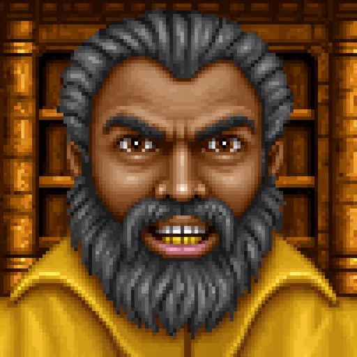 Original HoMM2 style portrait of a warlock with a detailed and expressive face. The character has dark skin and a prominen...