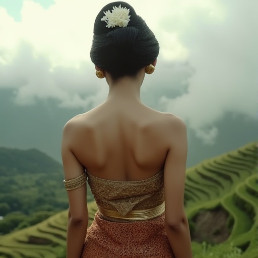 Shot from front view,  a full-body view of a Balinese (((oumbaliflux))) woman in a traditional kebaya outfit,  her black h...