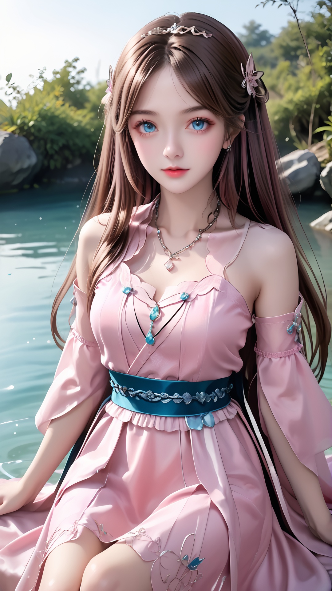 1girl, pink dress, dress, solo, brown hair, long hair, water, hair ornament, sitting, necklace, blue eyes, looking at viewer, sash, jewelry, upper body,<lora:pony宁荣荣-000008:0.7>,