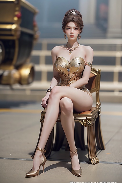 ,1girl,jewelry,solo,black hair,earrings,dress,high heels,sitting,necklace,crossed legs,bare shoulders,realistic,bracelet,strapless,looking at viewer,strapless dress,blurry background,chair,breasts,full body,blurry,photo background,