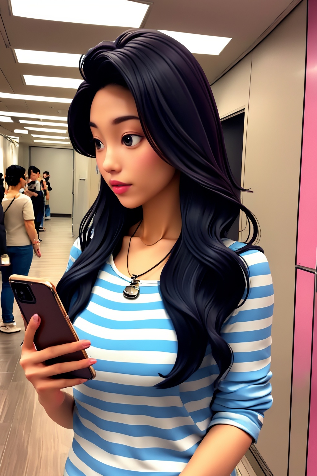 striped shirt, phone, black hair, shirt, long hair, necklace, holding phone, jewelry, cellphone, holding, indoors, smartphone, striped clothes, realistic, lips, solo focus, denim,