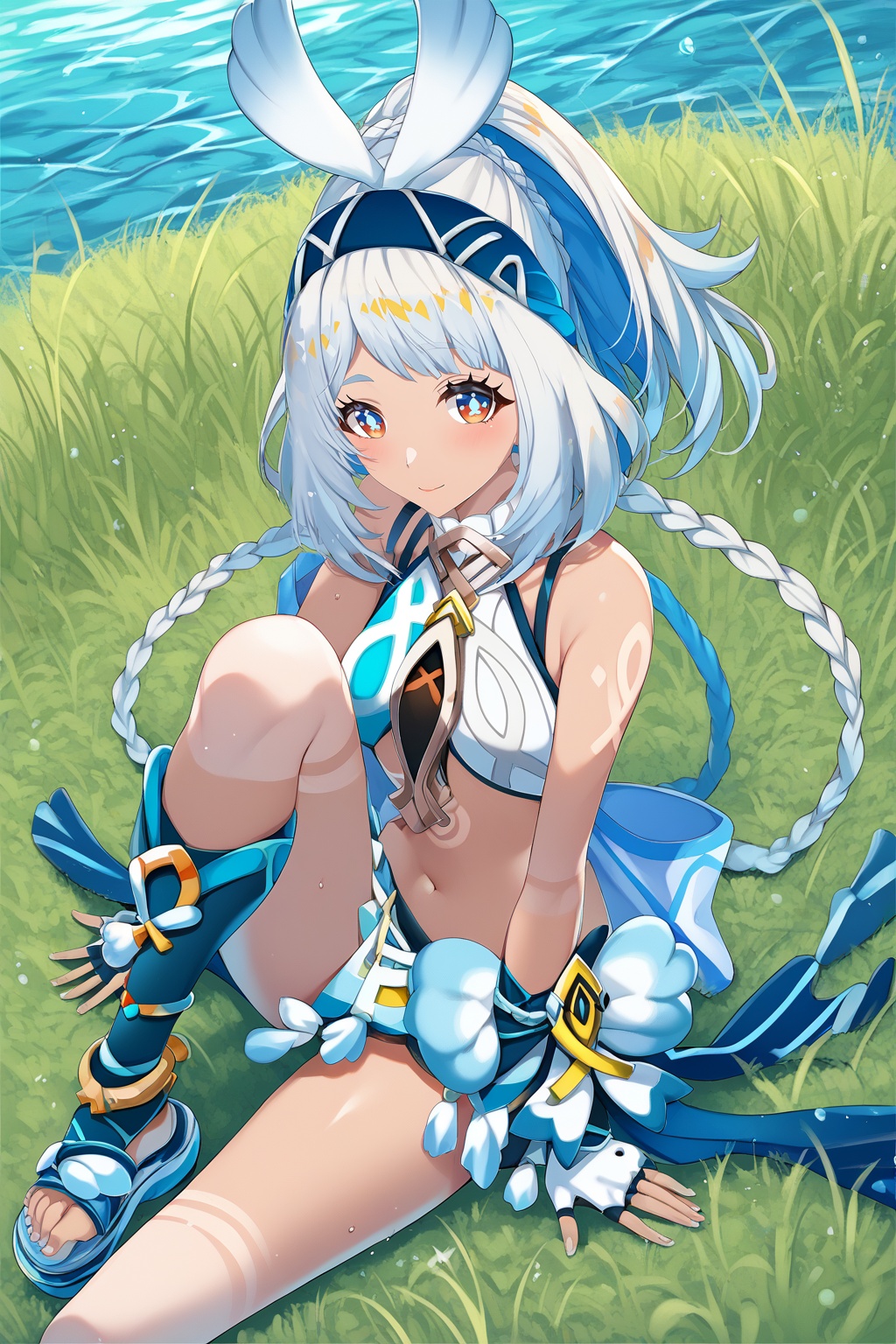 score_9,score_8_up,score_7_up,score_6_up,score_5_up,score_4_up,source_anime,source_cartoon,<lora:mualaniTUPONYXL-000001:1>,mualani \(genshin impact\),1girl,solo,red eyes,dark skin,white hair,sitting,long hair,water,knee up,navel,grass,bare shoulders,toes,sandals,fingerless gloves,twin braids,from above,fish-shaped pupils,white swimsuit,bunny hair ornament,blue hairband,