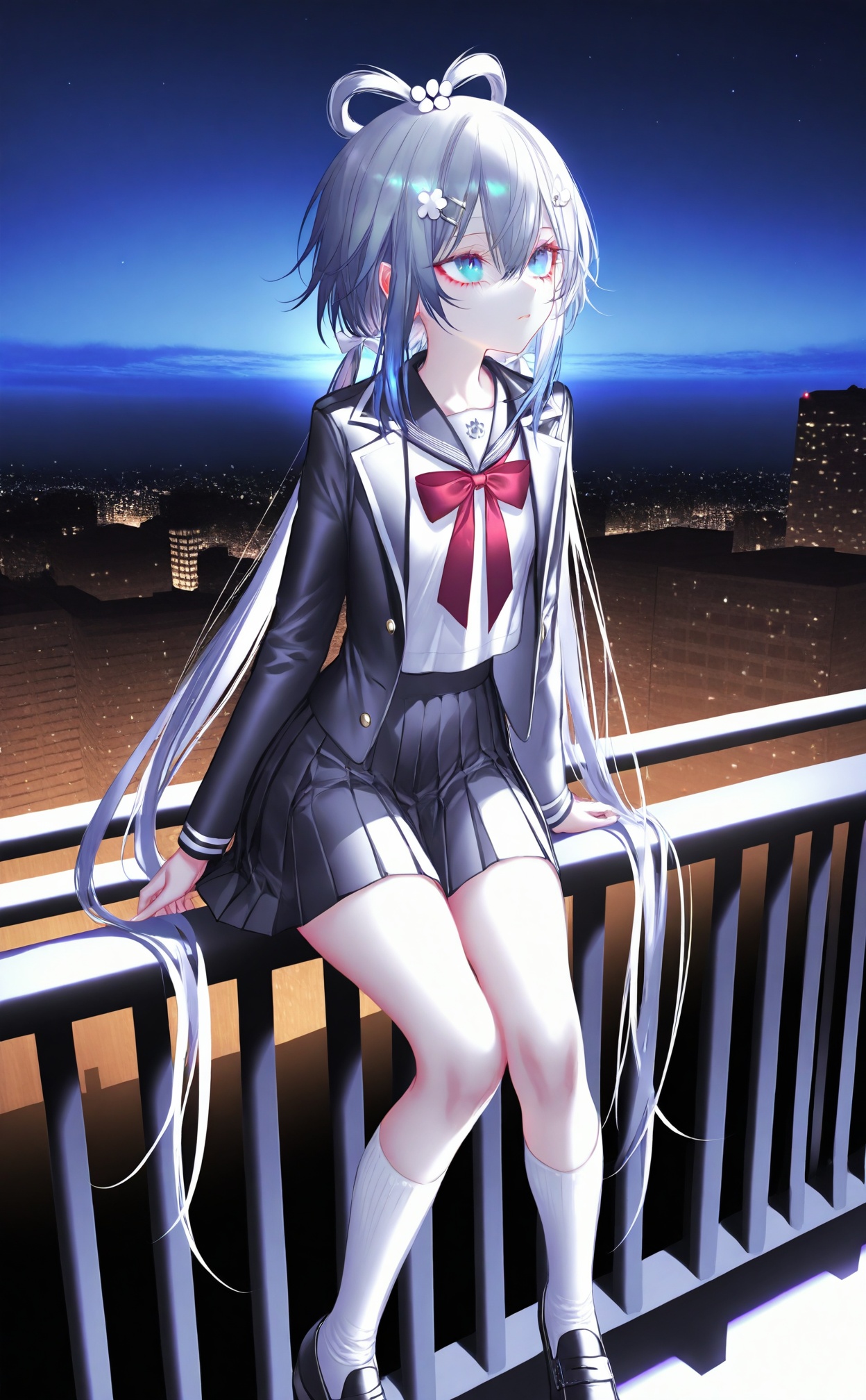 masterpiece,best quality,high quality,loli,[pottsness],[iumu],[Sheya],1girl,Luo Tianyi (Vocaloid),solo,long hair,skirt,school uniform,socks,sitting,jacket,night,looking up,very long hair,pleated skirt,shoes,sky,black footwear,blue eyes,black skirt,bow,shirt,white shirt,kneehighs,serafuku,night sky,open clothes,twintails,hair ornament,black jacket,open jacket,cityscape,ribbon,bangs,railing,