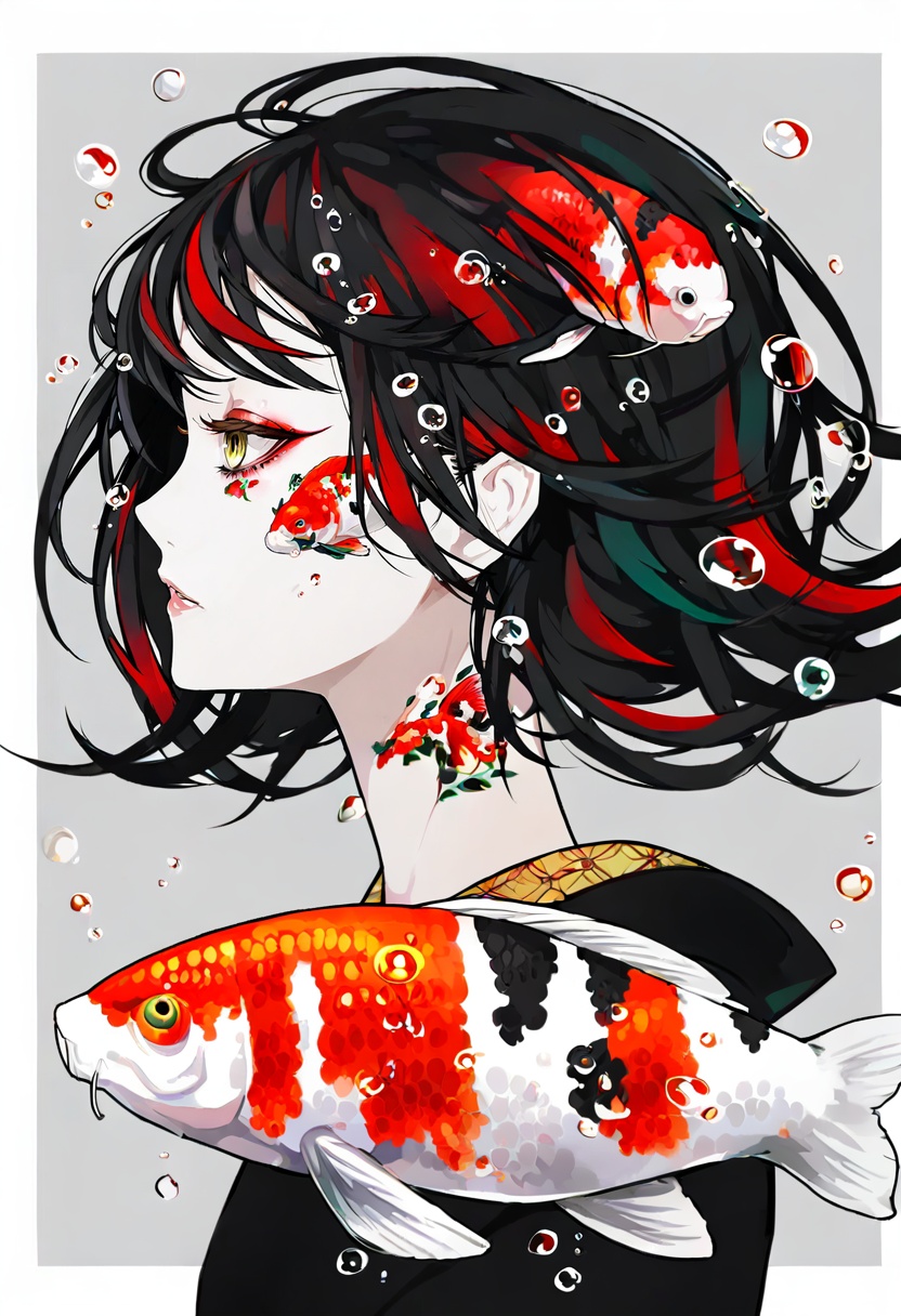 1girl,  fish,  black hair on Tensor.Art