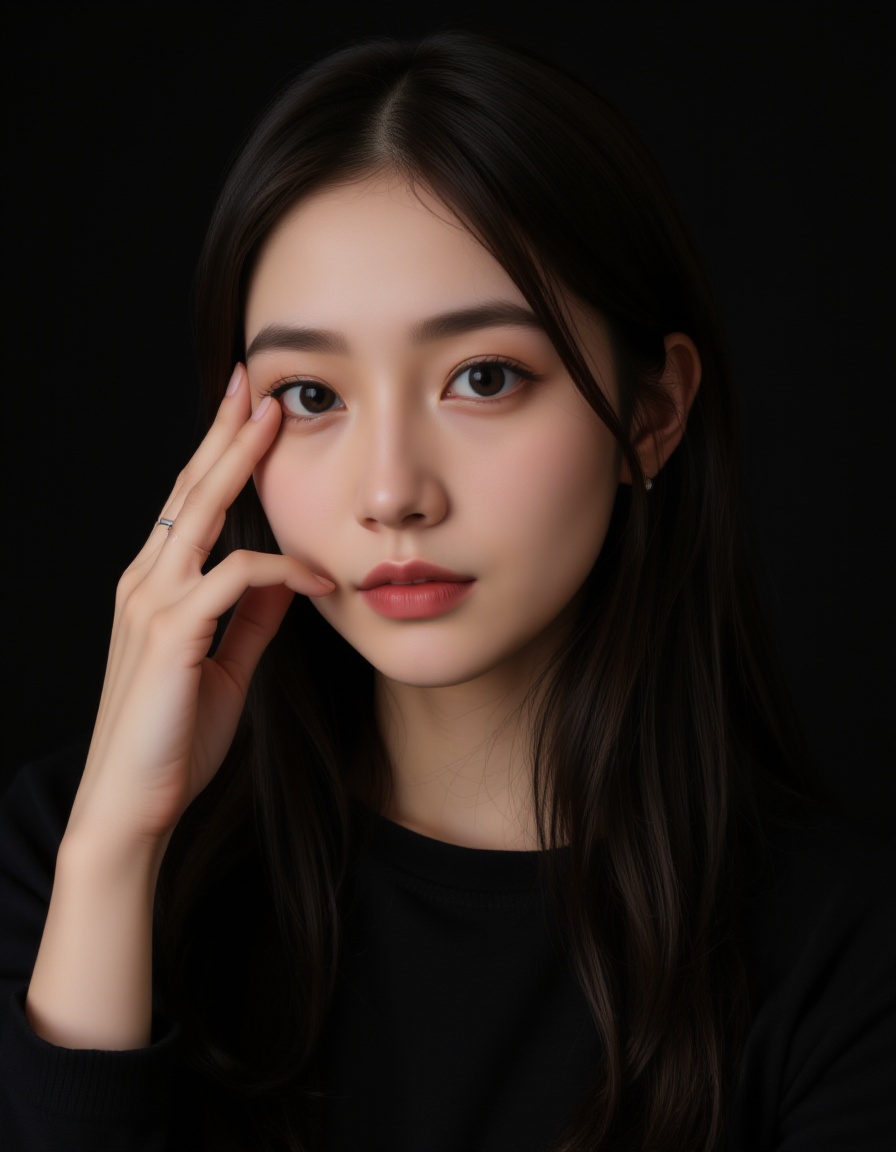 A photograph of a young asian woman with fair skin and long,  straight dark hair,  styled in a simple on Tensor.Art