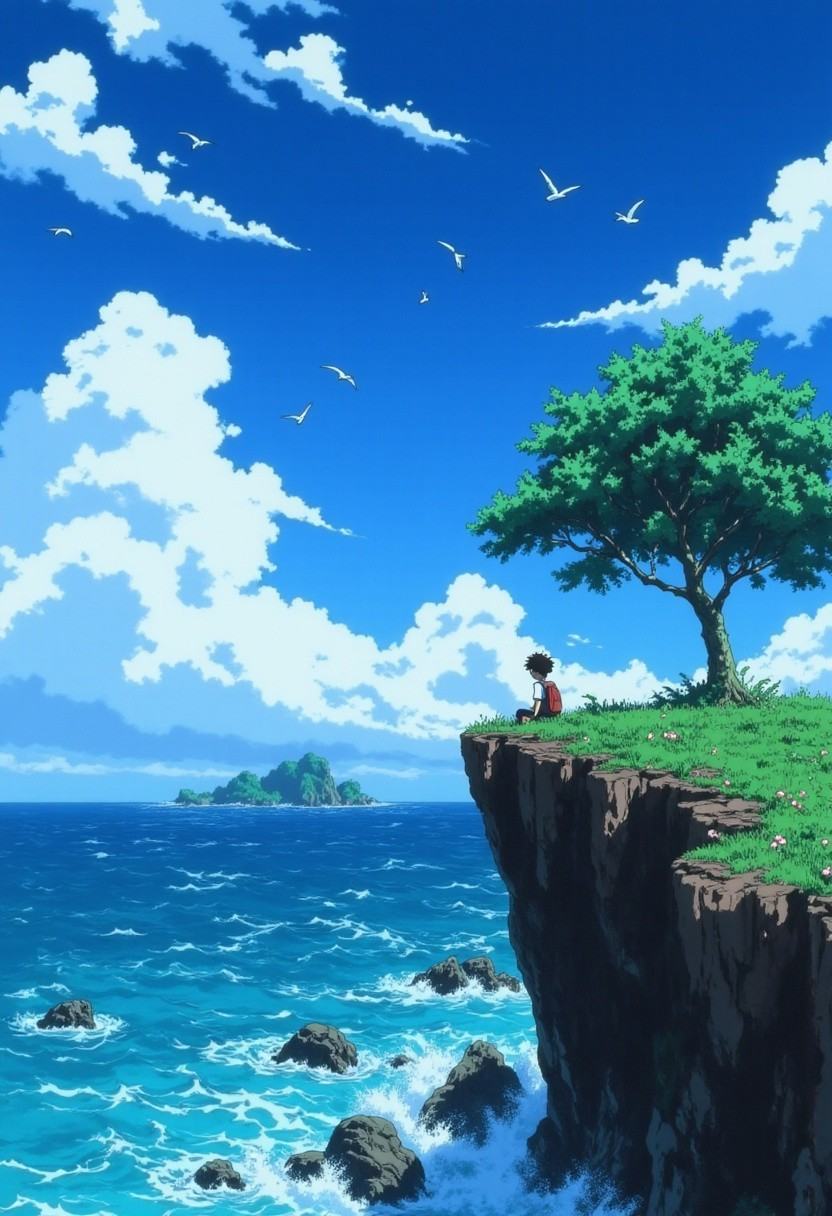 3986738193,  Portrait composition,  highly detailed anime-style illustration of a vast coastal landscape. A boy with a bac...