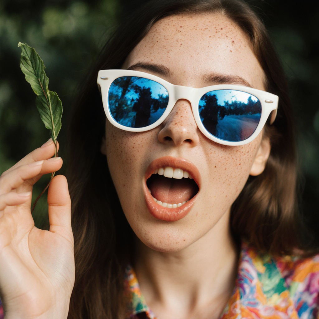 Surrealist art cinematic image of a open mouth woman wearing mirrored sunglasses and a colorful shirt,  perfect image,  pe...