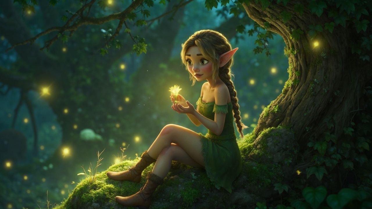 An animated forest elf sits quietly on a moss-covered rock,  surrounded by glowing fireflies. The soft,  magical light dan...