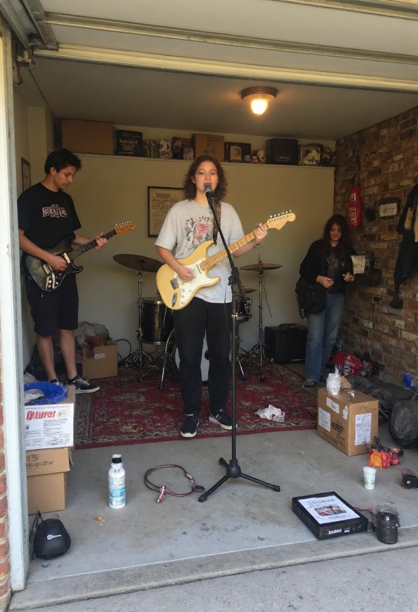 This photograph captures the Inside a cluttered garage,  a small band of friends is jamming together,  surrounded by old b...
