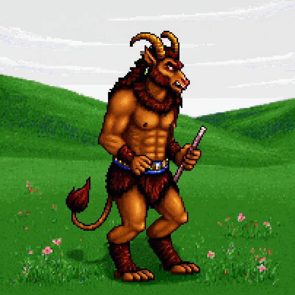 Original,  HoMM2 style,  full-height satyr creature on a meadow background on Tensor.Art