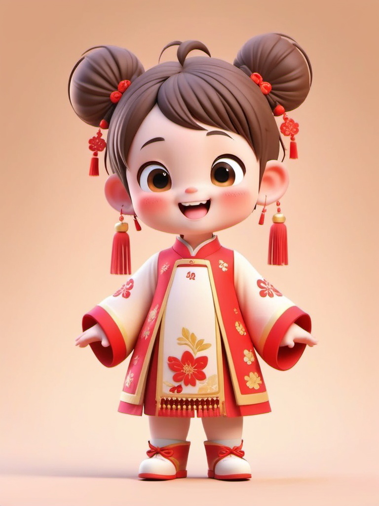 manghe,c4d, A super cute digital 3D render of a little girl rocking a traditional Chinese outfit. She's got big, expressive brown eyes, rosy cheeks, and a wide grin. Her hair's done up in two high buns with red bows, and she's sporting red tassel earrings. Her dress is red with gold floral patterns and a white underlay, and she's wearing red shoes. The background's a soft beige gradient, making her stand out. The art style is whimsical and adorable, with a soft, pastel color palette.,<lora:manghe_v1-000010:0.8>