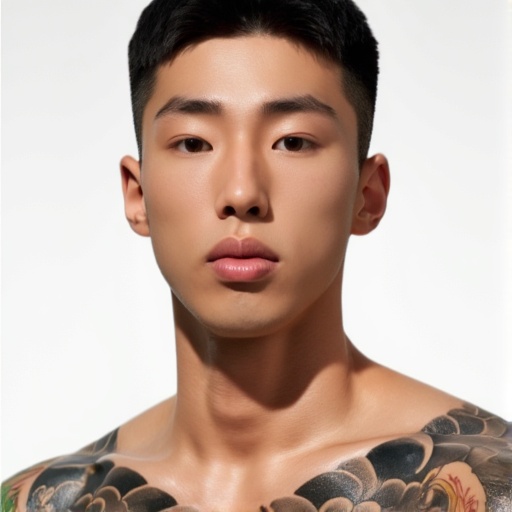 a close-up portrait of b0ngsu,  a handsome muscular man with flawless skin and sharp masculine features,  short textured b...