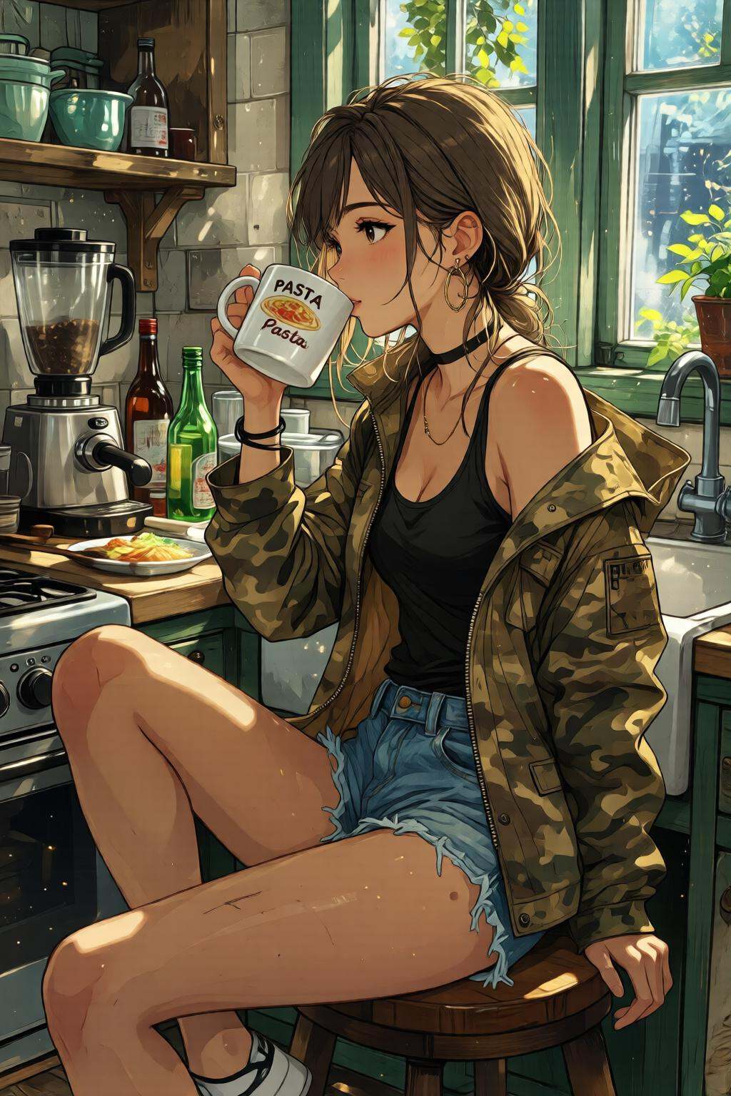 nijidigital3q anime illustration.A young woman,  shown in side profile,  is sitting on a wooden stool in a messy kitchen....