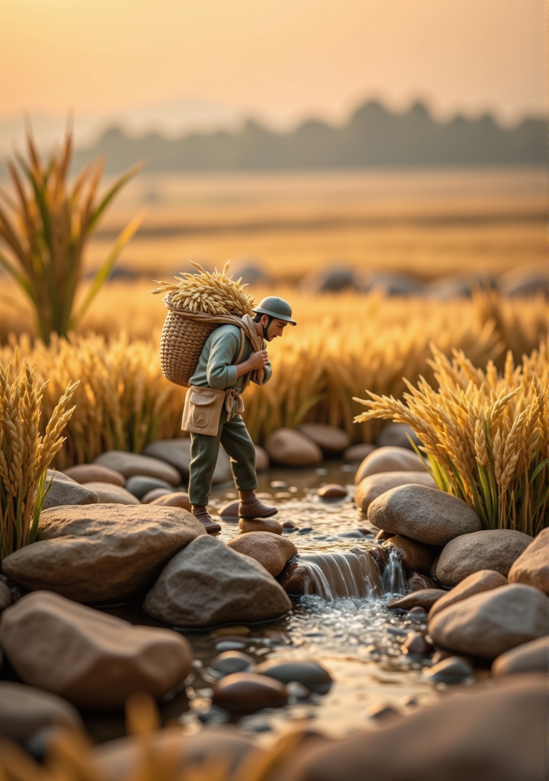 FLUX_Realistic Chân thật_By KinTG,  FLUX_Tiny World_By KinTG :,  A miniature figure of a farmer carrying a basket filled w...