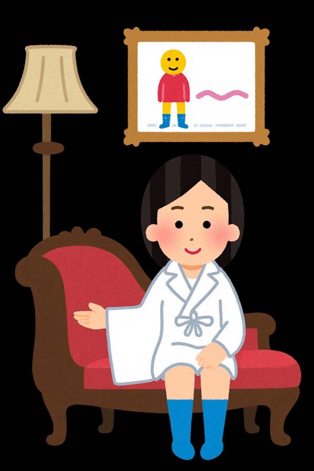 irasutoya1 illustration.A woman seated on an antique,  dark wooden chaise longue. The woman has black,  straight hair styl...